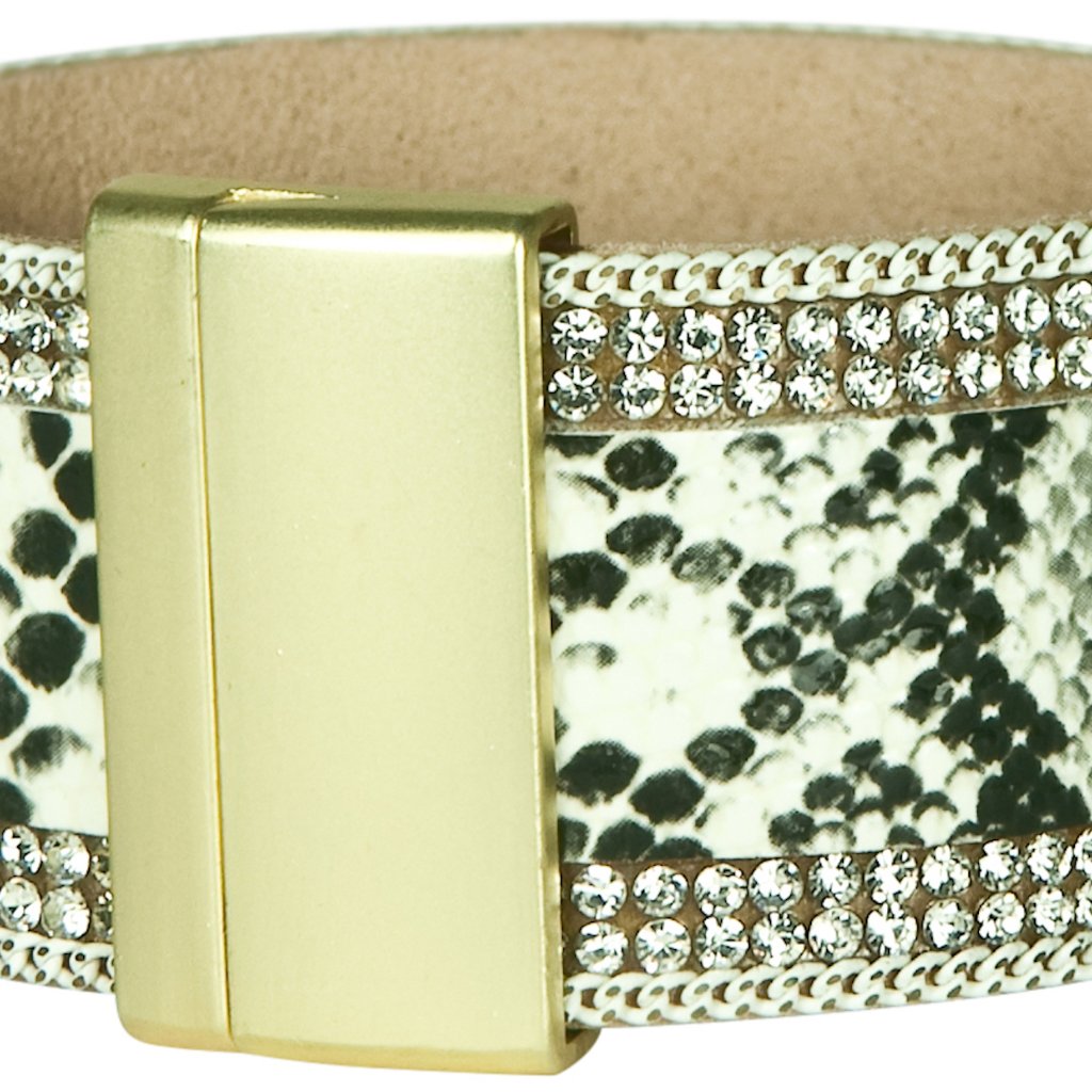 Black/Whiite Snakeskin Print Leather Bracelet With Crystal Accents